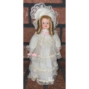 Vintage 8" Porcelain Doll Cream Lace Tiered Victorian Dress Blonde Curls